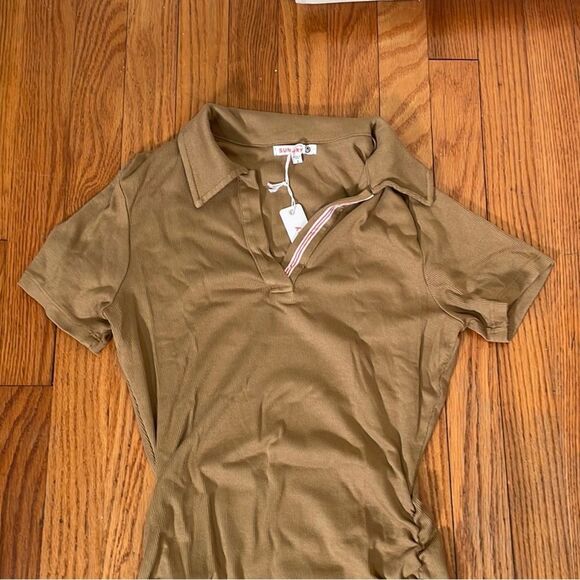 Sundry Polo V-neck dress Ruched sides collard tan sz 2 Medium NWT - Picture 5 of 6